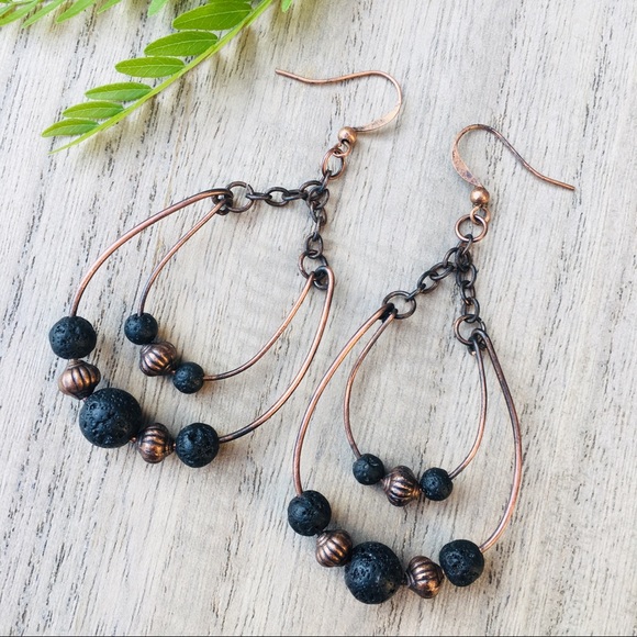 Fashion Jewelry Jewelry - Copper double hoop lava beaded Dangle Earrings